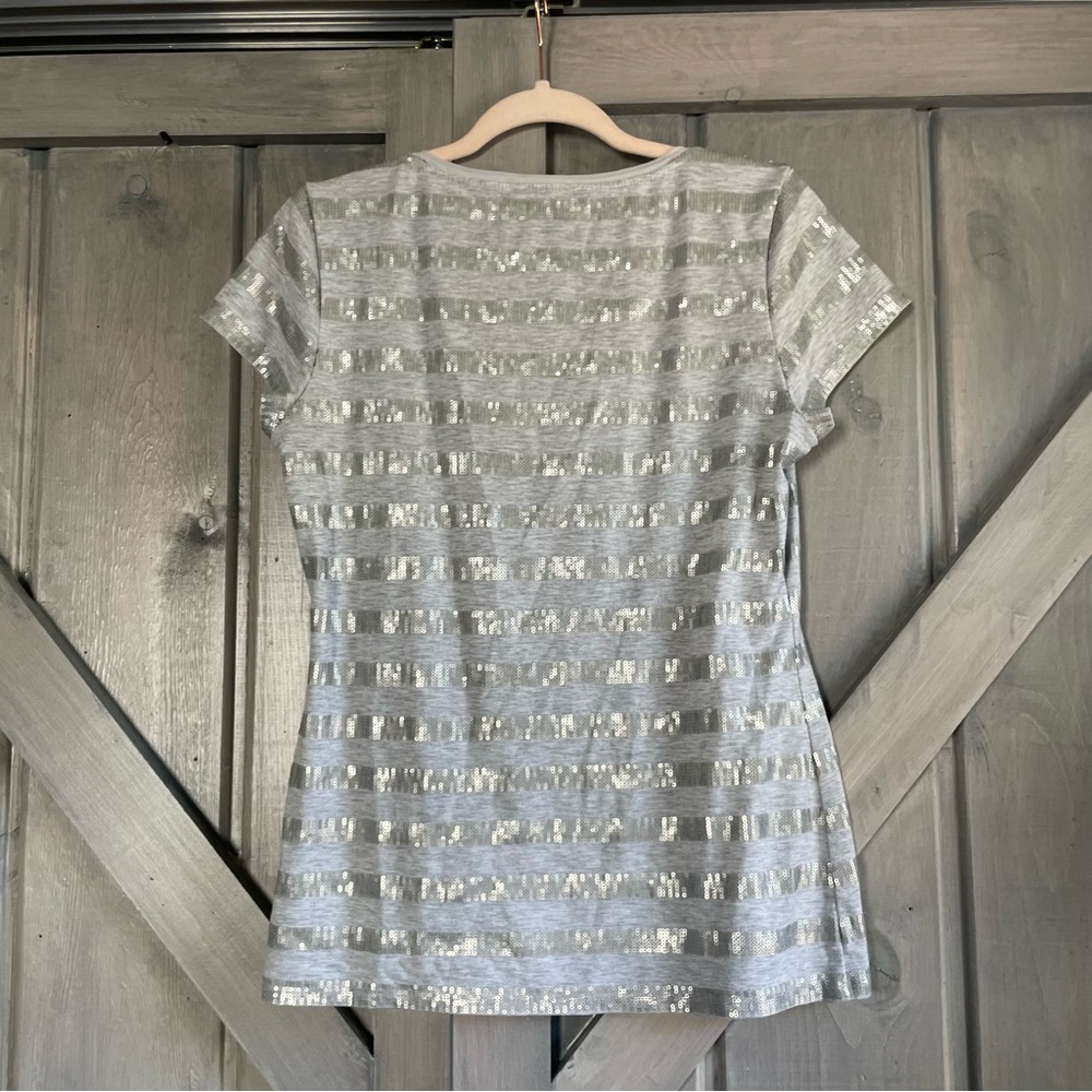 White House black market gray sequin stripe t shirt size M - Picture 6 of 7